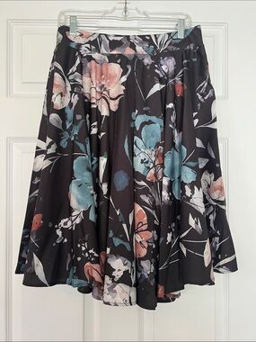 SHEIN Black Circle Skirt with Blue & Coral Floral Print